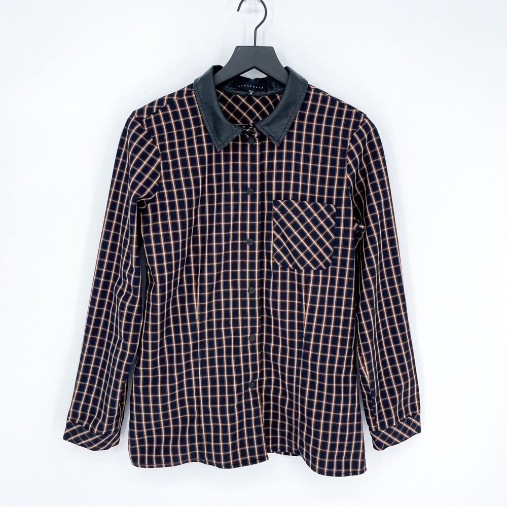 Sanctuary Plaid Heavyweight Slim Fit Snap Button Top Pleather Collar Medium